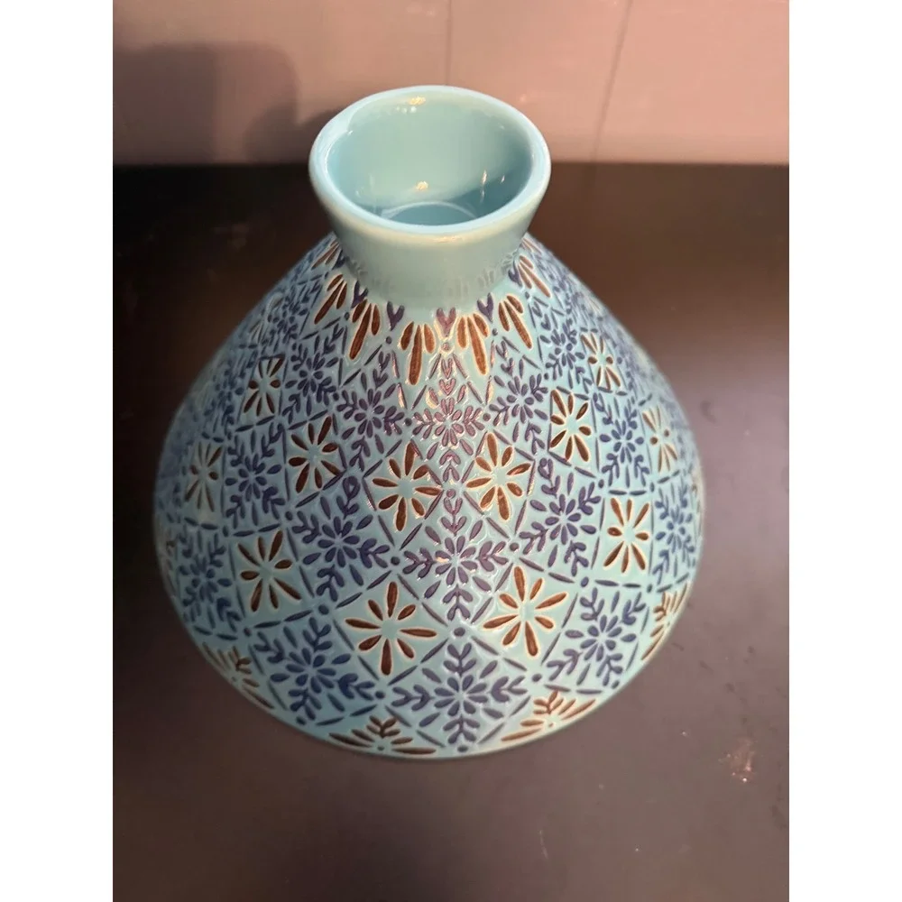 Turquoise Ceramic Pedestal Bowl Embossed Floral Geometric Centerpiece 10in